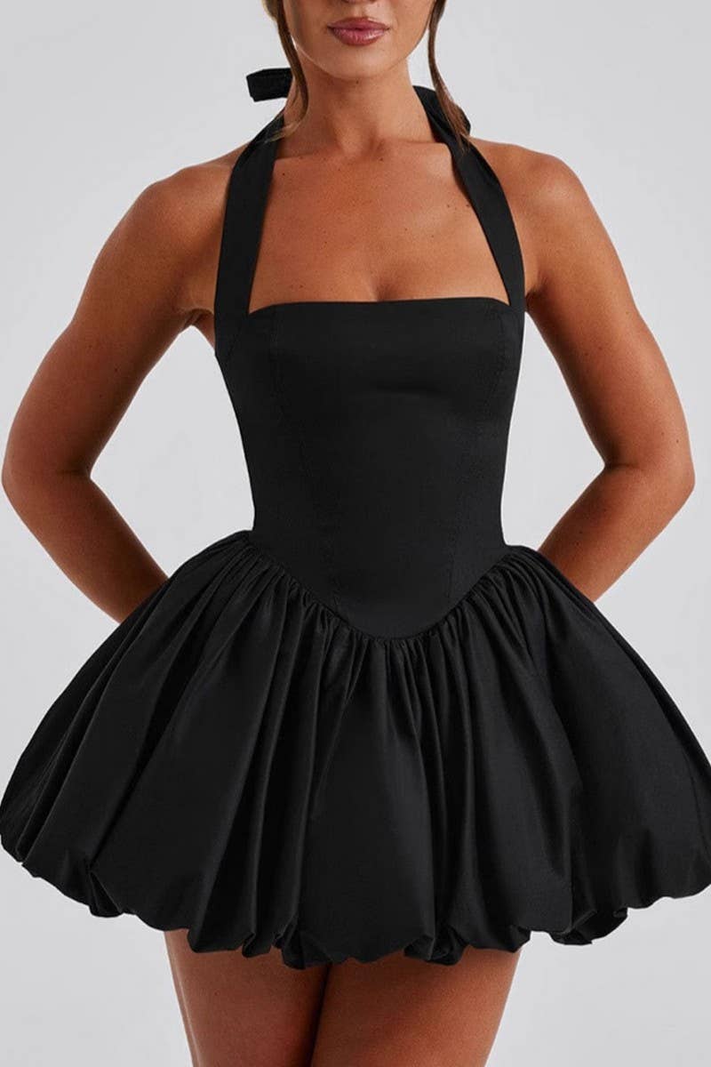 CWDHL0946_SEXY HALTER BOW TIE FIT AND FLARE MINI DRESS