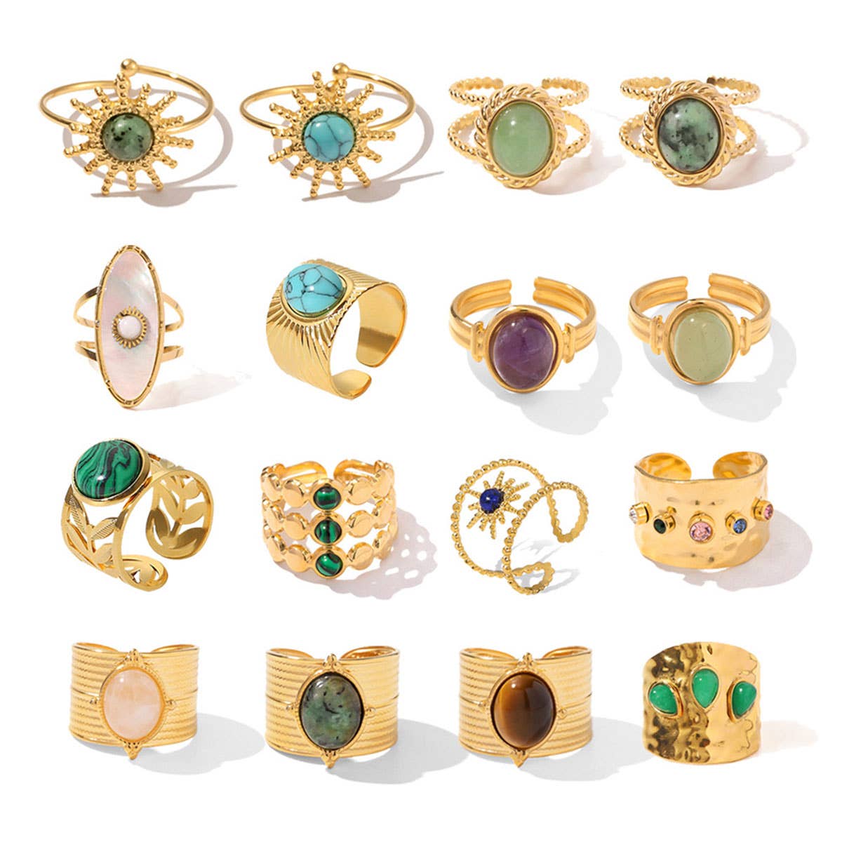 GOLD STAINLESS STEEL INLAID NATURAL STONE RINGS