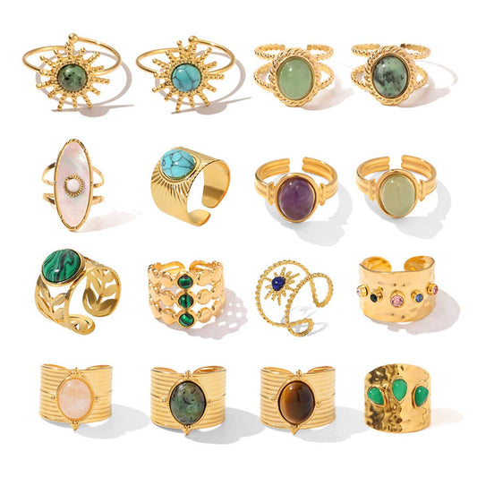GOLD STAINLESS STEEL INLAID NATURAL STONE RINGS