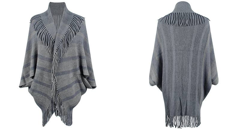 FRINGED CAPE COAT KNITTED STRIPED CAPE WOMAN