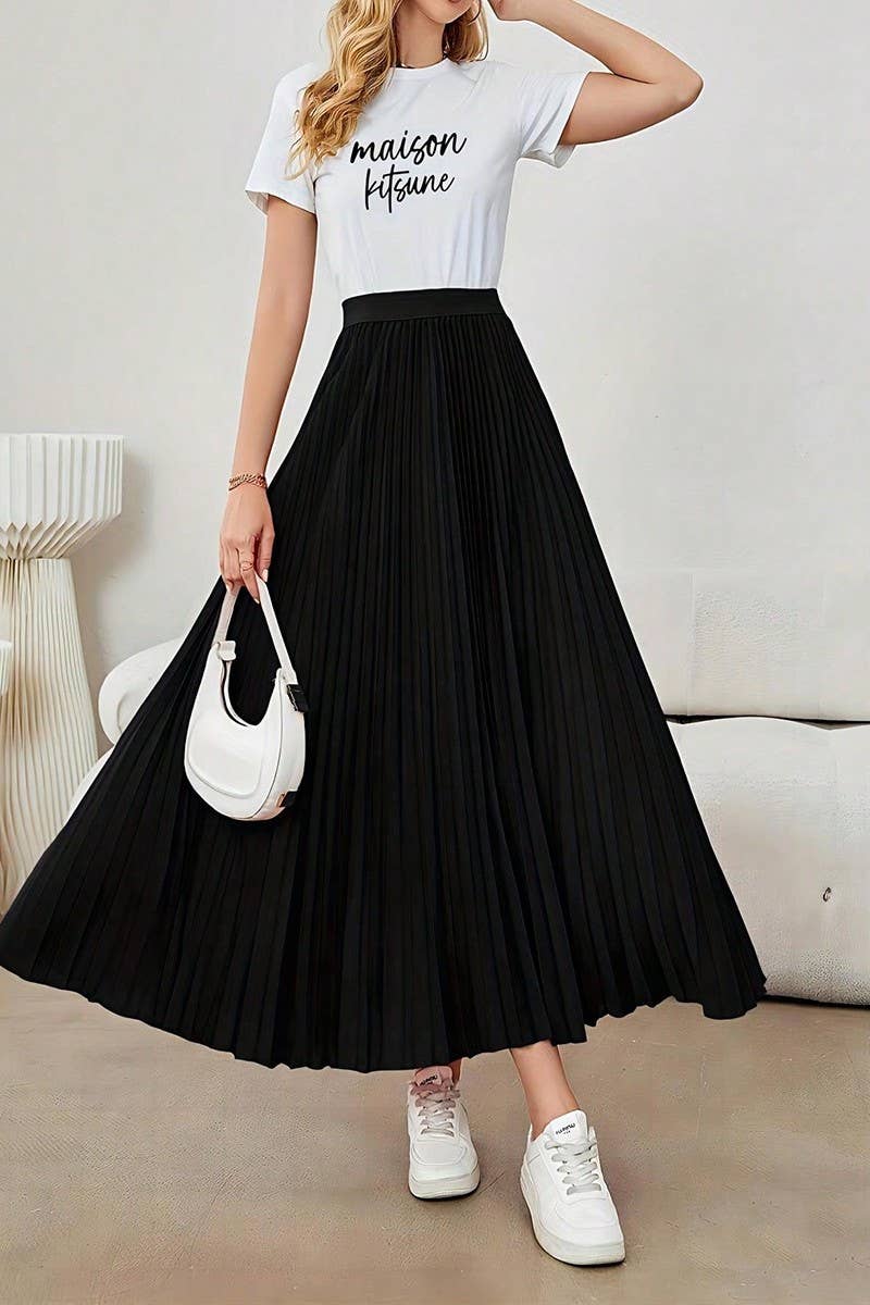 CWBLS0513_PLEATED FLARED A-LINE POLYESTER MIDI SKIRT