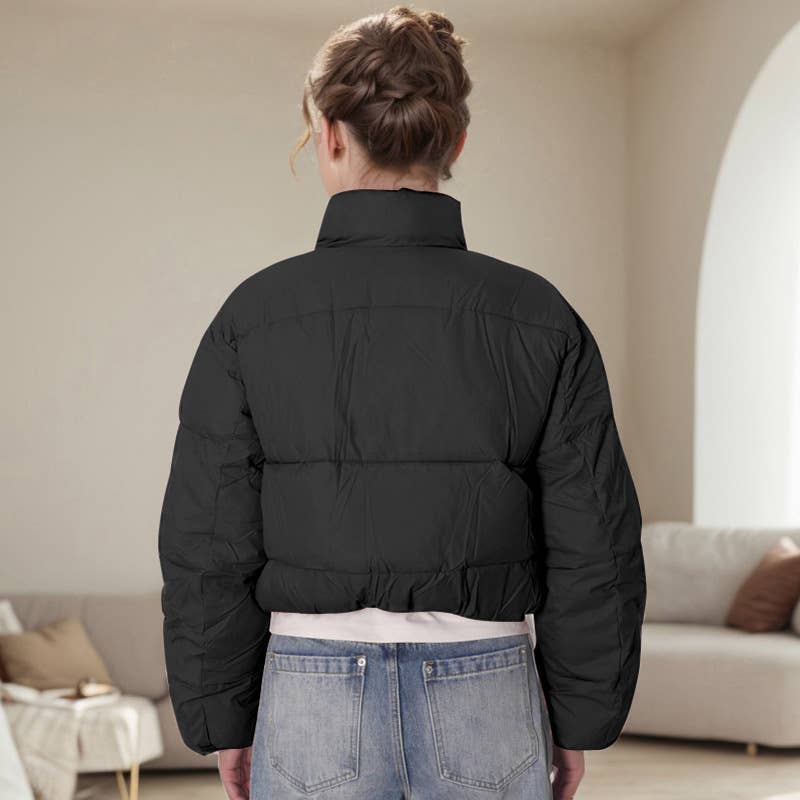 SOLID COLOR STANDING COLLAR WARM SHORT JACKET