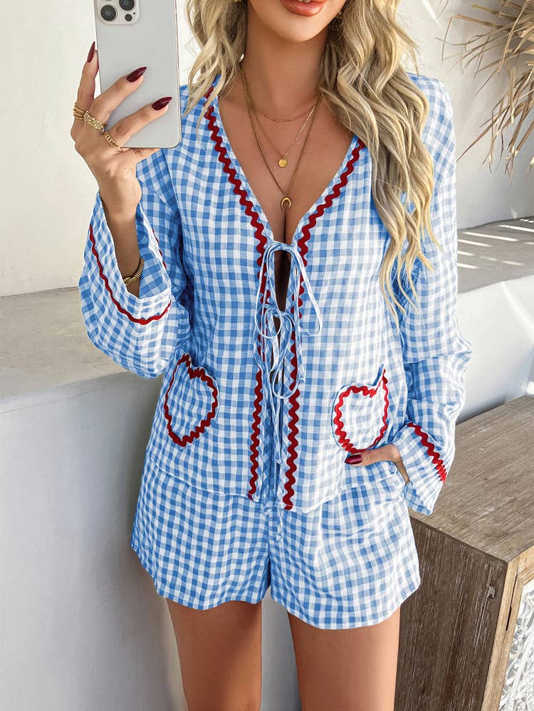 Lace printed lace-up rayon long sleeve shorts set