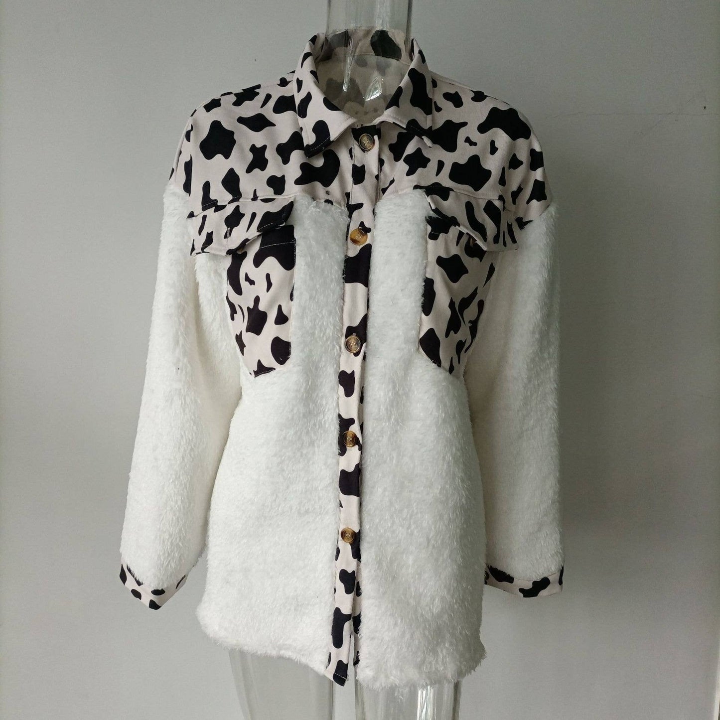 LAPEL LEOPARD PLAID PRINT FLEECE PATCHWORK COAT