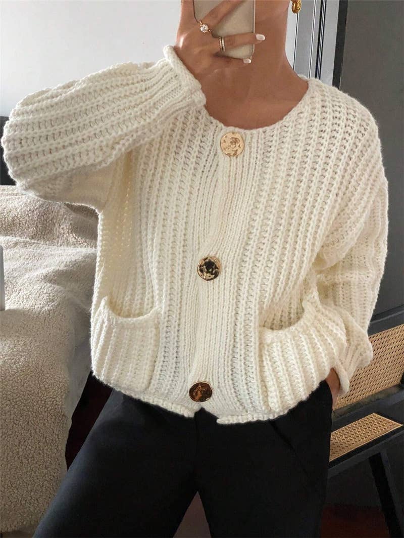 Three button long sleeve French cardigan
