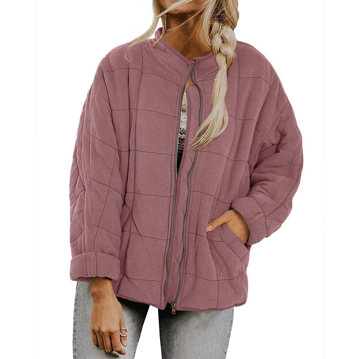 SOLID COLOR STAND-UP COLLAR LOOSE POCKETS JACKET