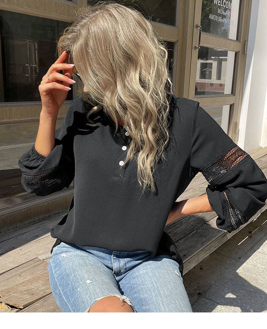 Round-neck lace patchwork cutout shirt