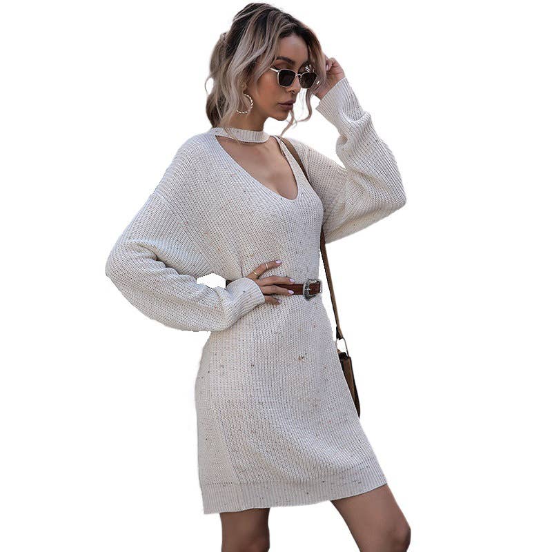 PULLOVER BIG V-NECK HOLLOW KNIT SWEATER DRESS