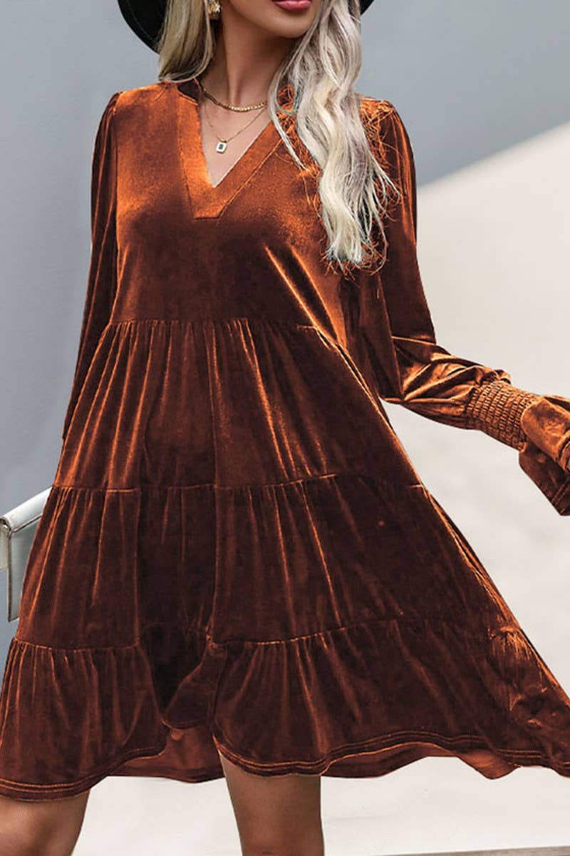 CWDMD3552_V-NECK LONG-SLEEVED SOLID COLOR VELVET DRESS