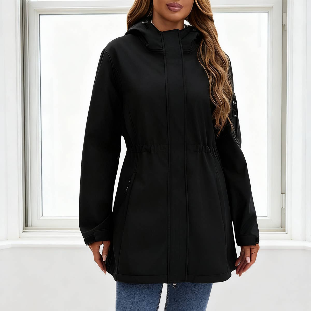 Hooded multi-pocket fleece down jacket