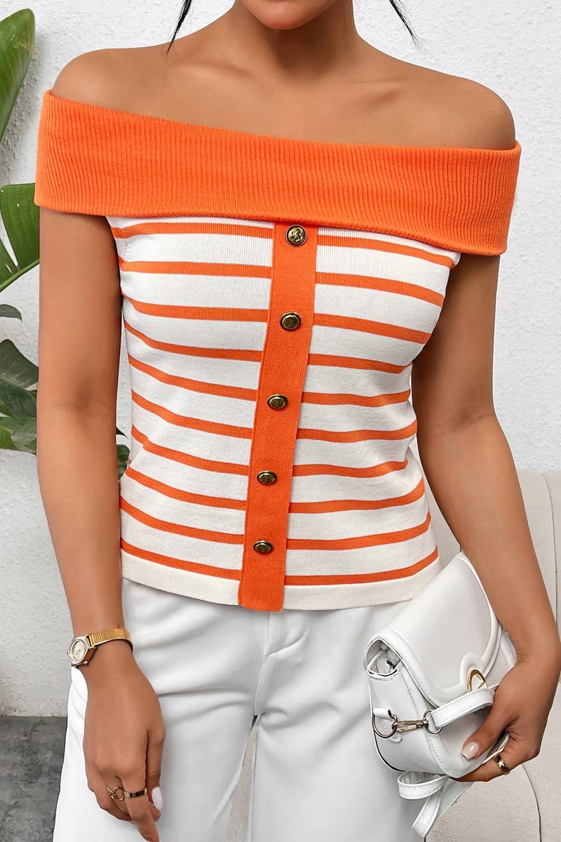 STRIPED OFF THE SHOULDER LINE NECK SWEATER_CWOSWS0056