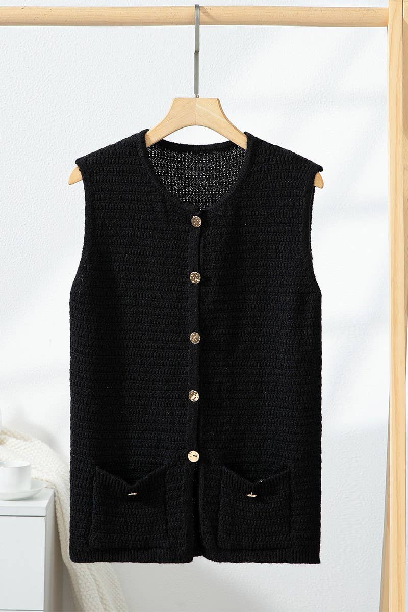 CWOCASL0045_SOLID COLOR SLEEVELESS BUTTON VEST CARDIGAN