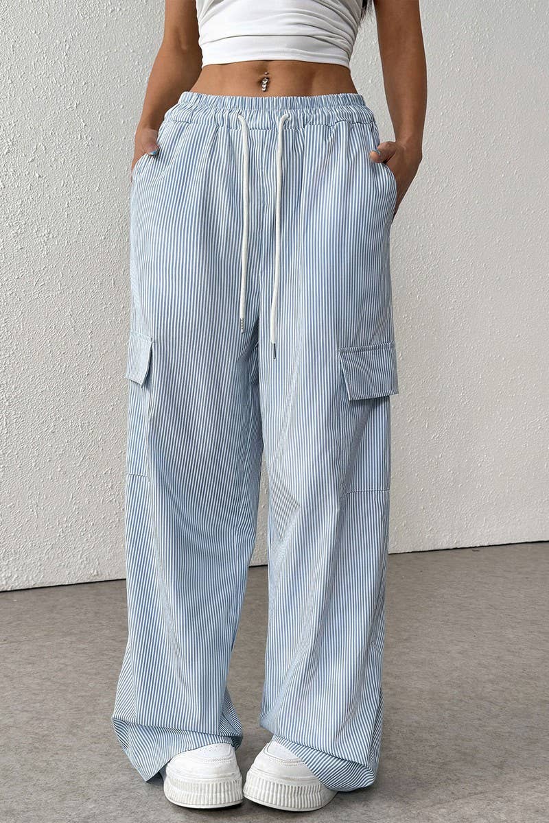CWBLP00934_STRIPED TIE WAIST LIGHTWEIGHT WIDE LEG PANTS