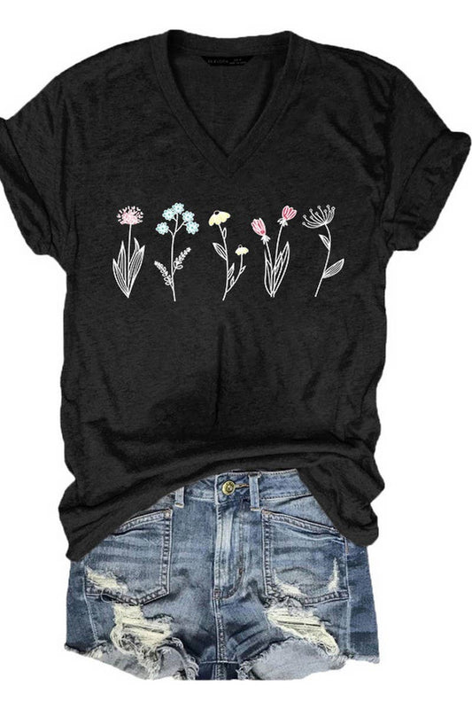 Cwtts1067_Small Flower Print V Neck Short Sleeved T Shirt