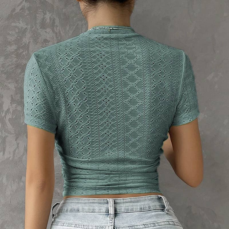 Thin hollow slim half-neck short-sleeved T-shirt