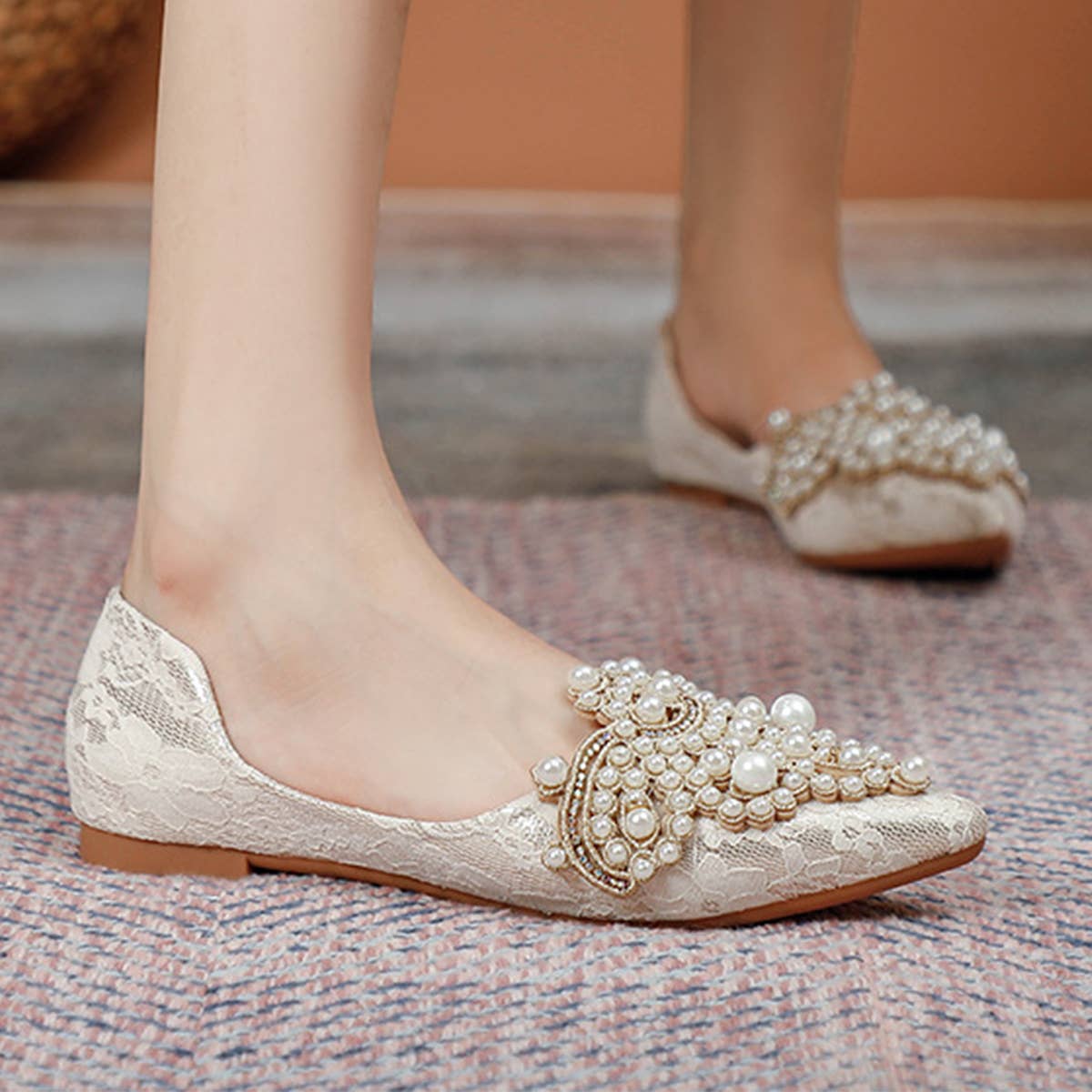 Lace Pearl Ballet Flats for Women, Bridal Style