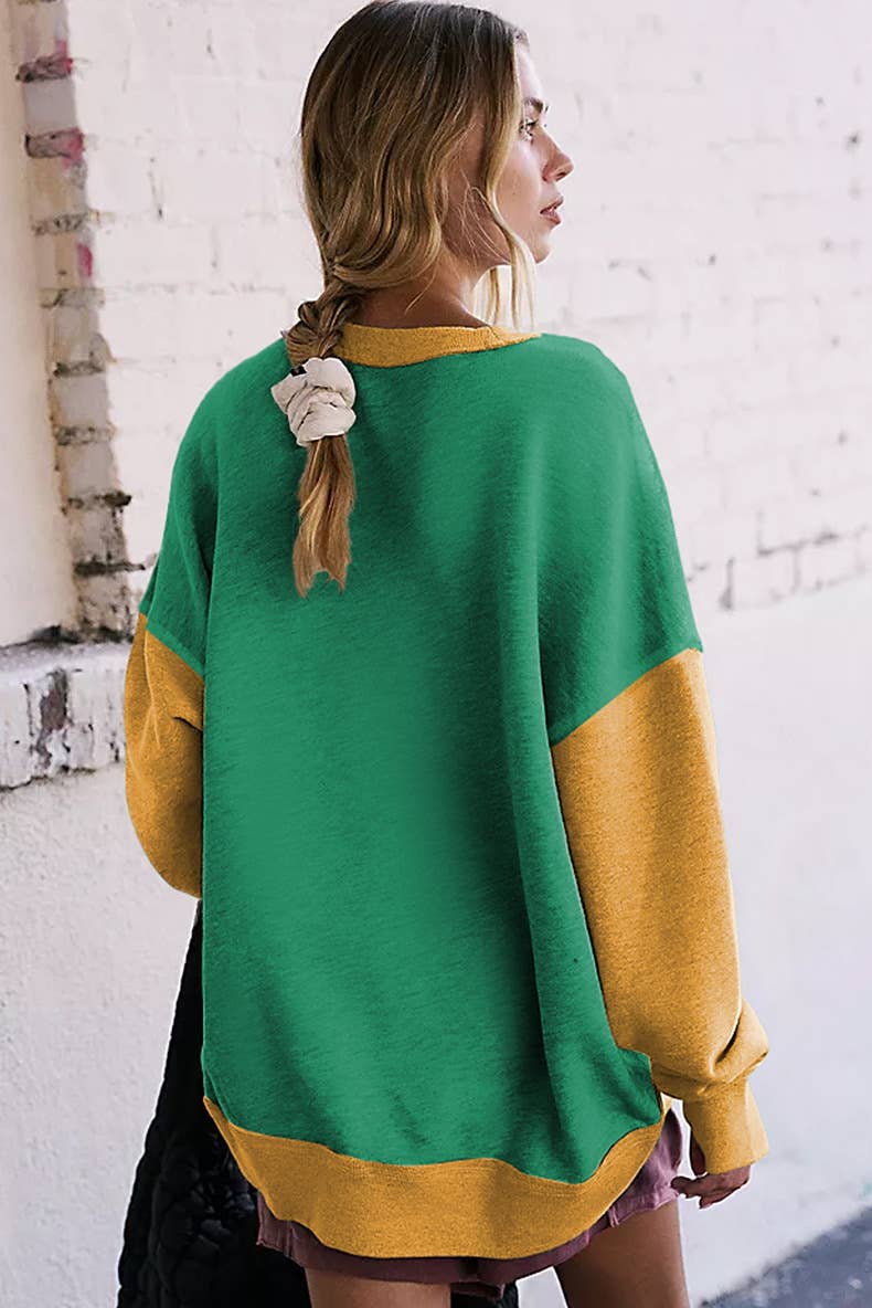 Two-tone round-neck loose pullover hoodie