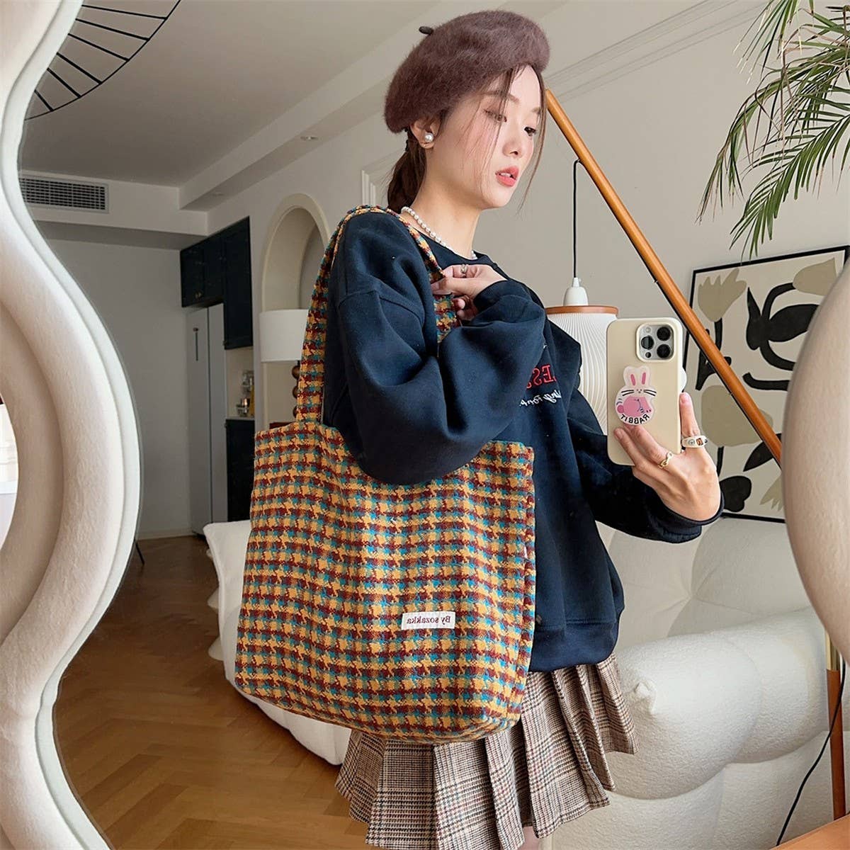 CWAB3902_HOUNDSTOOTH LARGE CAPACITY SHOULDER BAG