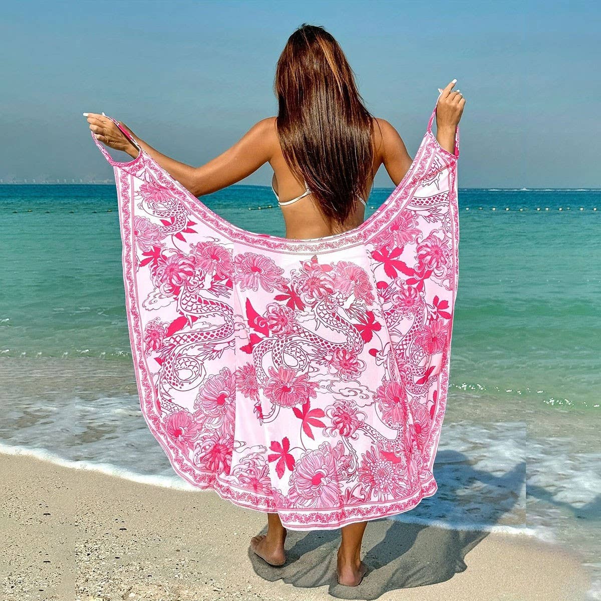 Versatile Print Beach Dress, Multi-Way Cape Style