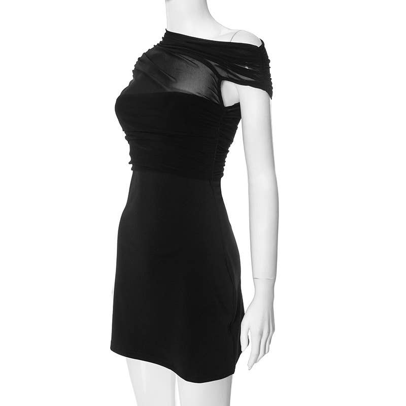 Sheer Mesh One-Shoulder Bodycon Dress