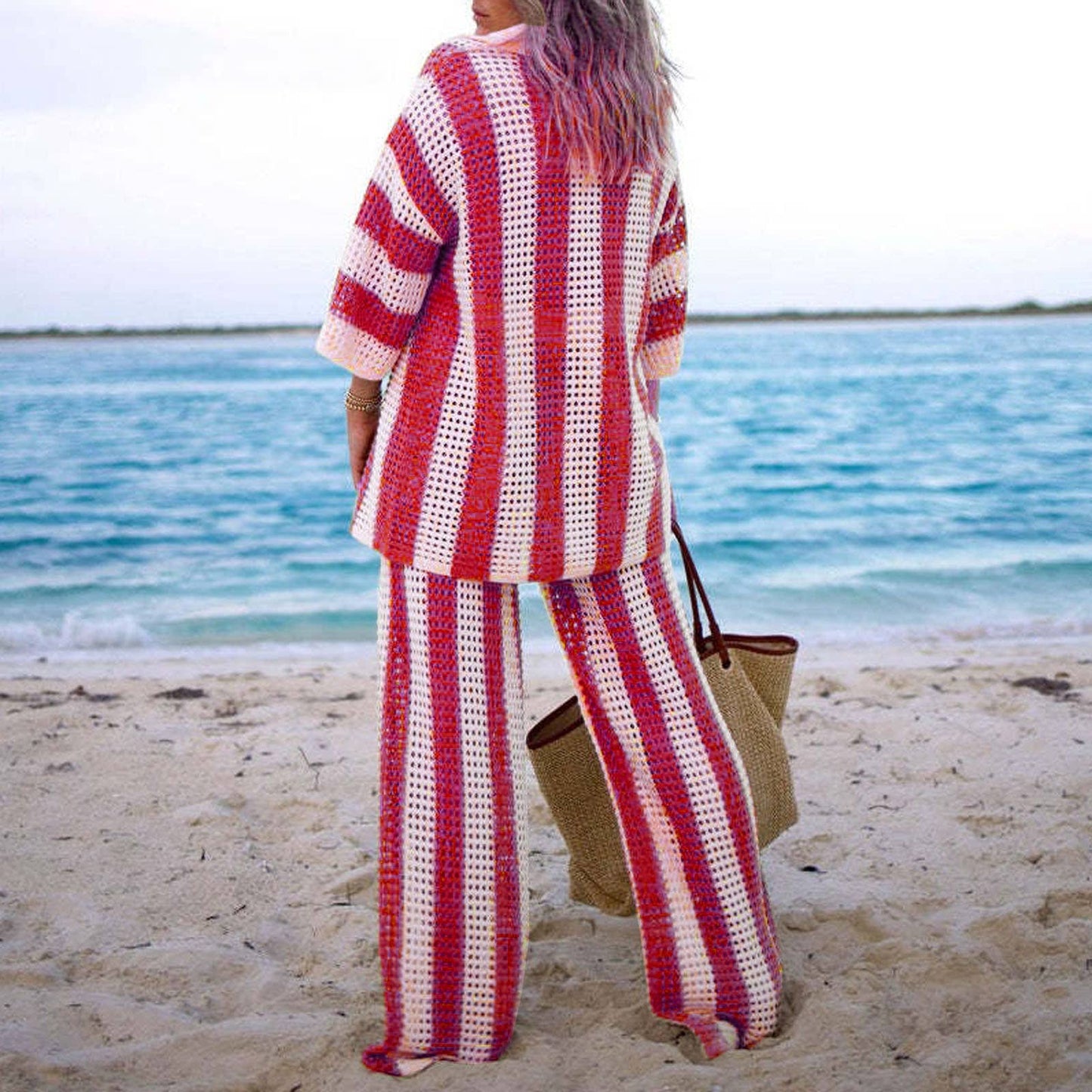 V-neck striped shirt,wide-leg pants,knitted suit