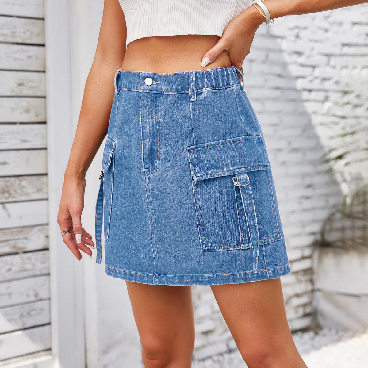 Women??¢s Washed Denim Cargo Mini Skirt_CWJSK0210
