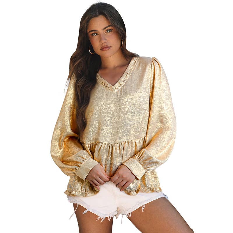 SOLID COLOR RUFFLED V-NECK BUBBLE SLEEVE PULLOVER