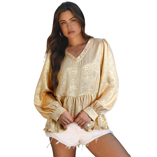 SOLID COLOR RUFFLED V-NECK BUBBLE SLEEVE PULLOVER