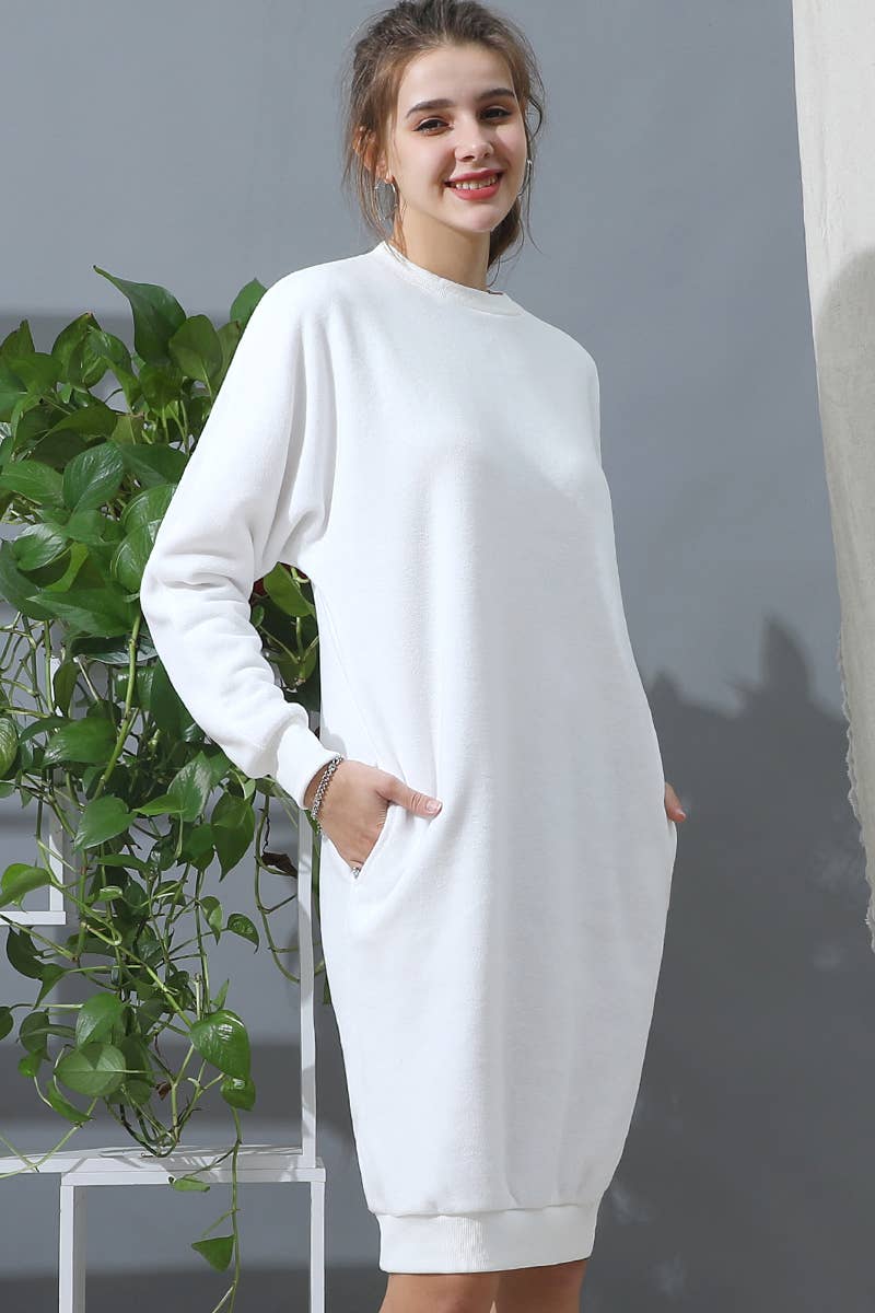 CWDMD793-P_R NECK FLEECE PULLOVER DRESS WITH SIDE POCKETS