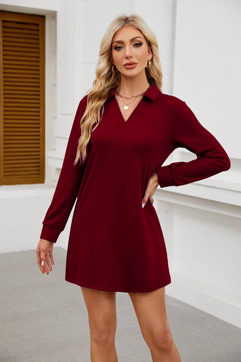 CWDSD8814_LAPEL LONG SLEEVE CASUAL SPORTS SWEATER DRESS