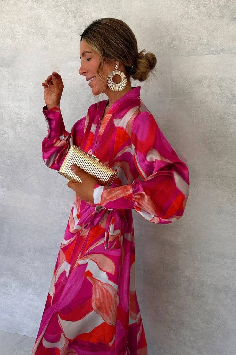 CWDMD5862_V-NECK LACE-UP LONG-SLEEVED ELEGANT DRESS