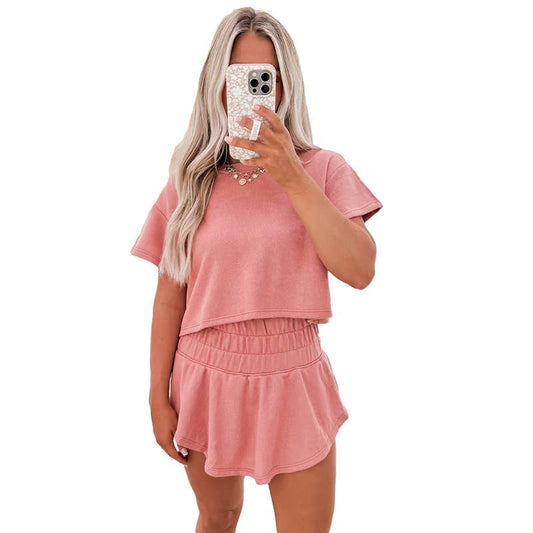 Simple casual solid color skirt two-piece set