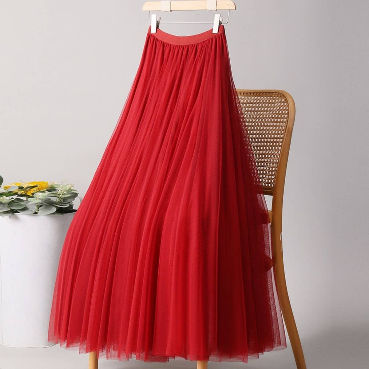 SOLID COLOR ELASTIC-WAIST MESH TULLE A-LINE SKIRT_CWBLS0372
