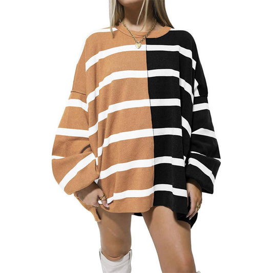 STRIPED KNIT LONG-SLEEVED COLOR-MATCHING HOODIE