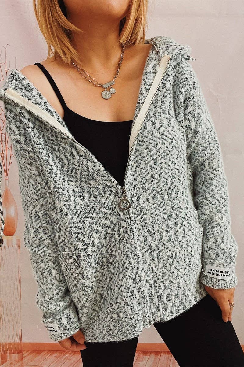 Hooded drawstring zipper pocket knit cardigan
