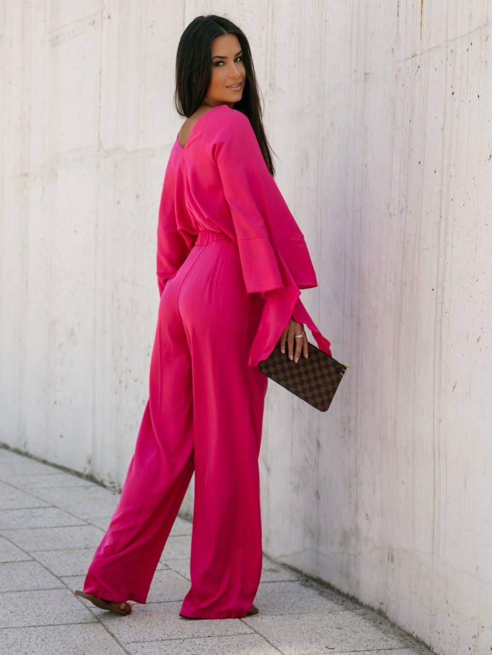 Solid-color fashionable V-neck tie pants set