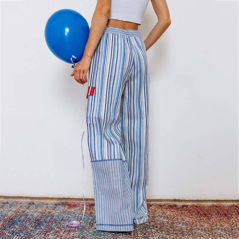 Plaid patchwork striped elastic-waist pants