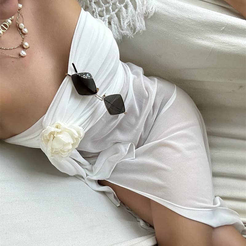 Off Shoulder Bow Mesh Asymmetrical Dress