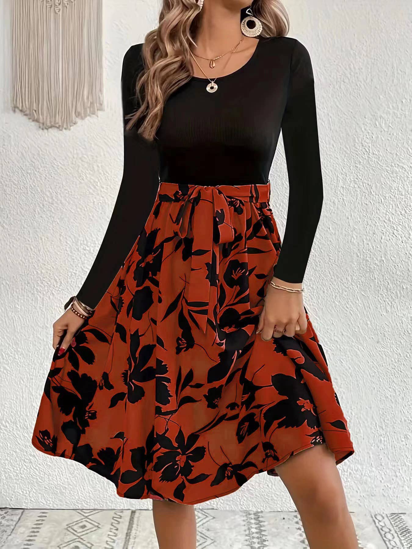 PRINTED SKIRT CREW NECK STRAPPY DRESS