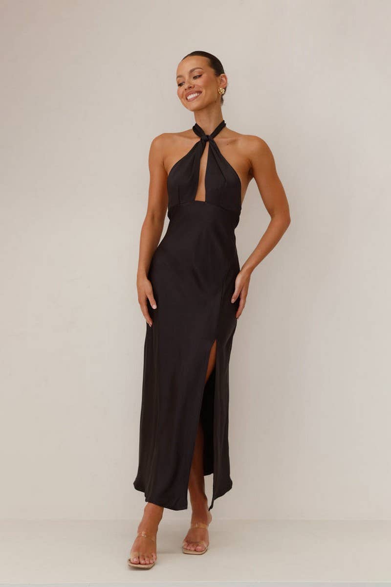 CWDHL0941_ELEGANT SATIN HALTER NECK SLIT MAXI DRESS