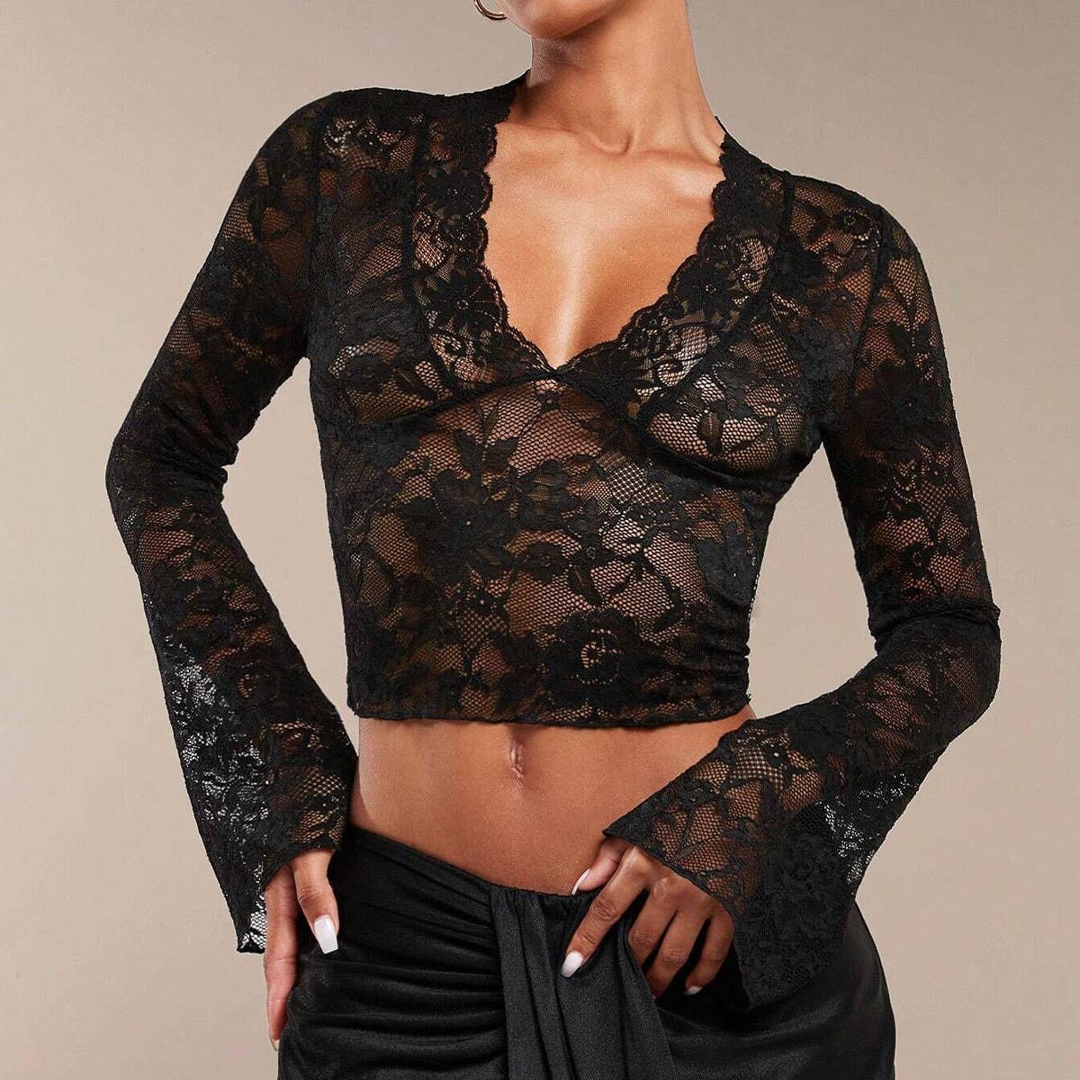 Transparent lace V-neck tight flared top
