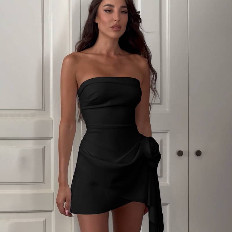 Strapless slimming stylish short 3d floral dress