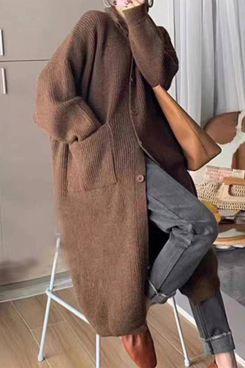 Single-breasted solid-color mid-length cardigan