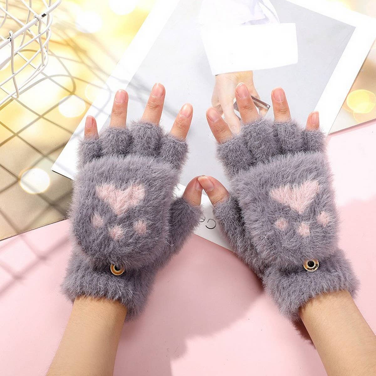 CWAG00552_CUTE CAT PAW BEAR CLAW KNIT GLOVES