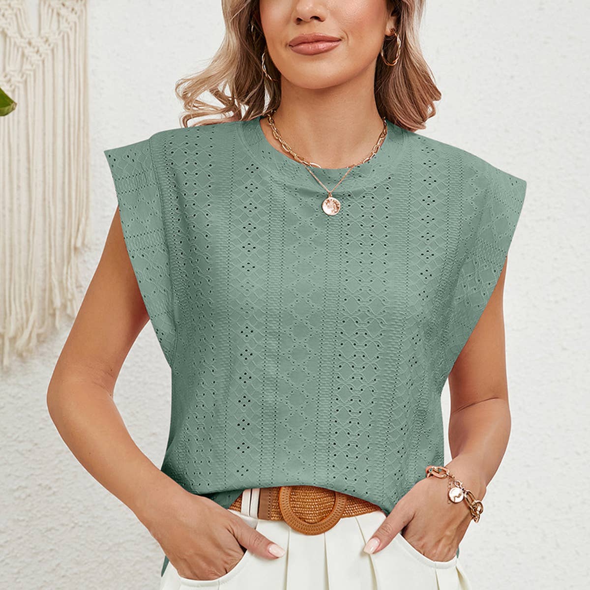 Solid color breathable shoulder top