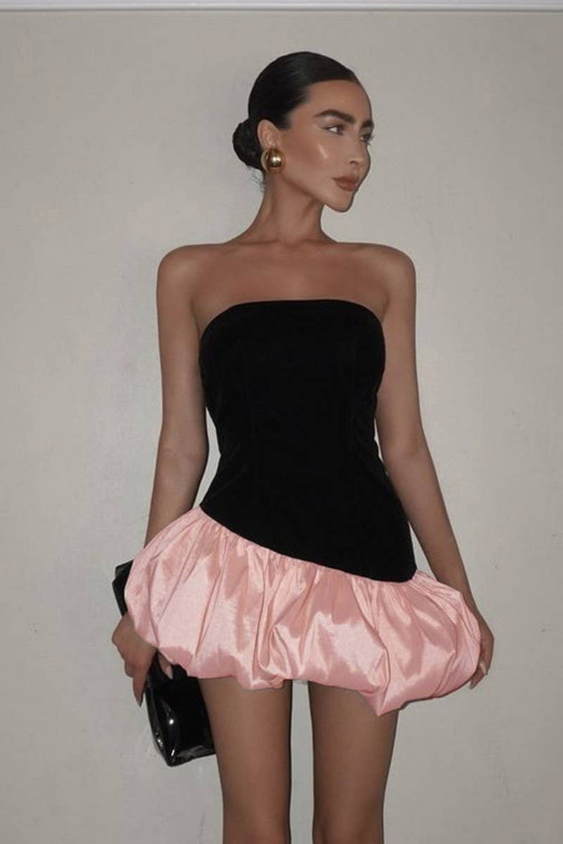 CWDSD8902_ELEGANT TUBE-TOP SLEEVELESS PATCHWORK PUFFY DRESS