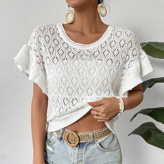 Round-neck hollowed-out ruffled knitted sweater