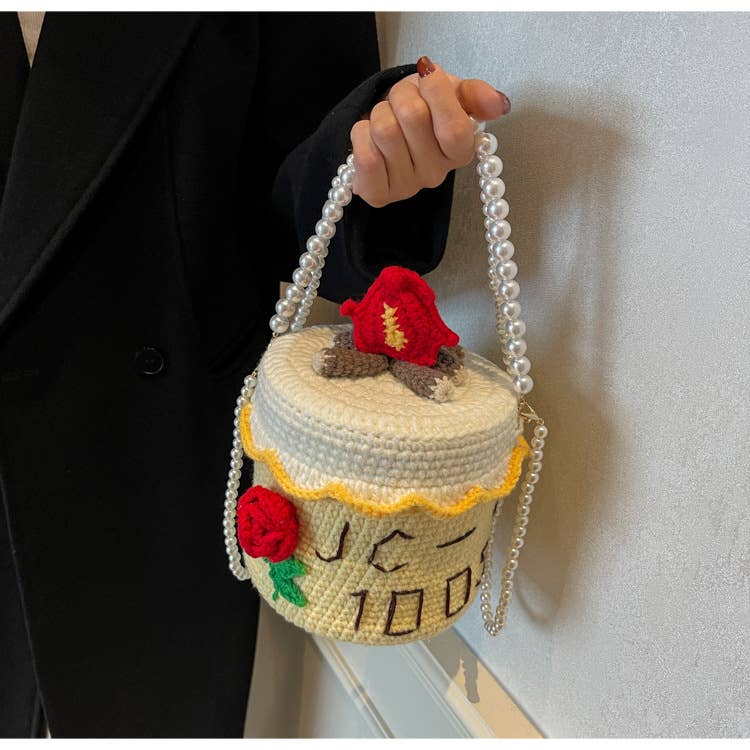 Personalized cake-shaped pearl chain knitted bag