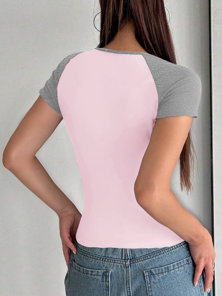 Sexy slim U-neck color short-sleeved pullover top