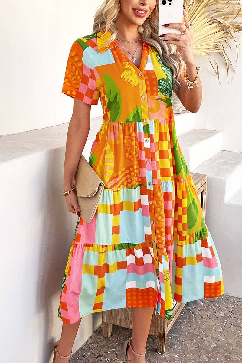 CWDMD5374_CASUAL HOLIDAY HIGH WAIST GEOMETRIC CONTRAST DRESS